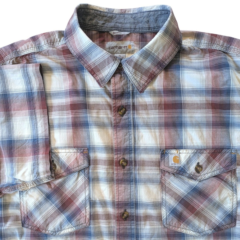 Carhartt Mens Relaxed Fit Plaid Short Sleeve Button Up Shirt Blue Burgundy XL